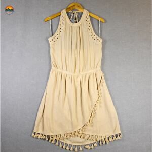 Miss Me Mini Dress Beige Halter Neck Cotton Sleeveless Boho Beachy Women's Sz L